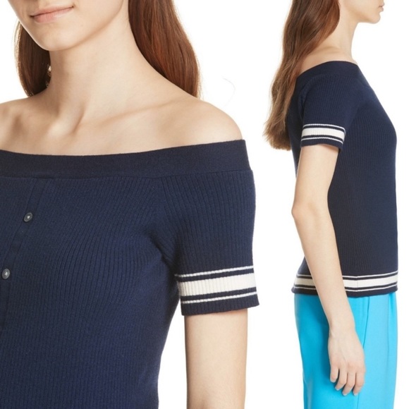 Frame Denim Navy / White Ribbed Off-the-Shoulder Button Down Sweater, sz Med - Picture 10 of 11